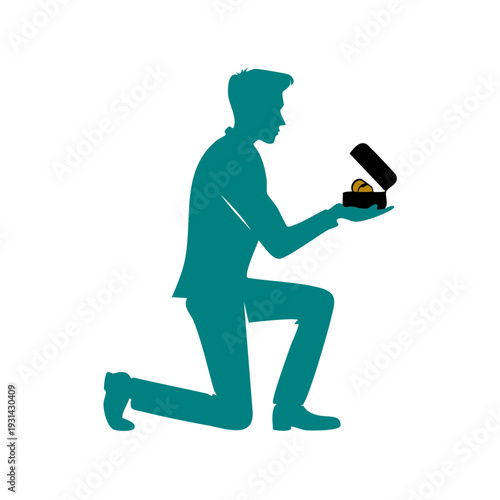 Man kneeling on one knee holding open jewelry box with golden ring inside, proposing to partner, silhouette illustration