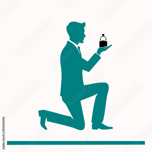 Man kneeling on one knee holding a ring box with a diamond ring inside, proposing to his partner, a romantic gesture