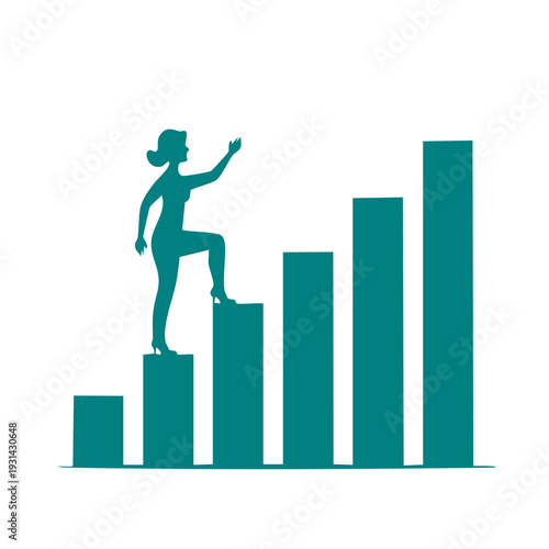 Woman climbing bar graph illustrating rising progress and achievement in a professional setting from a dynamic perspective