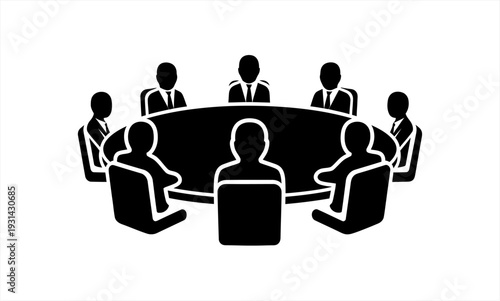 Business meeting icon with people around a table.
