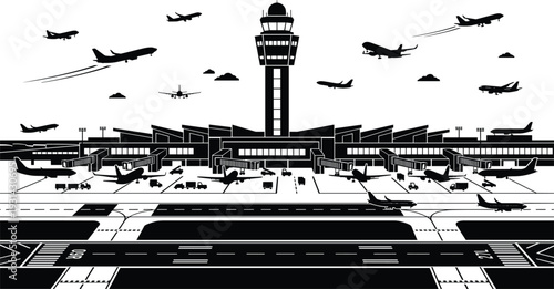 Black and white airport with airplanes and control tower runway