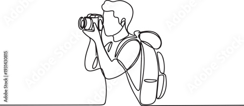 Continuous single one drawn line of the character tourist photographer with camera and backpack. one line art icon drawing vector