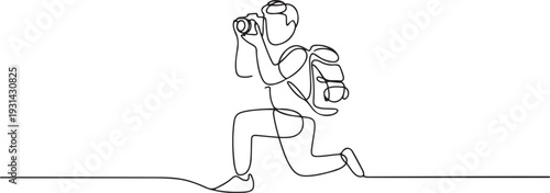 Continuous single one drawn line of the character tourist photographer with camera and backpack. one line art icon drawing vector