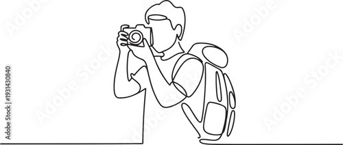 Continuous single one drawn line of the character tourist photographer with camera and backpack. one line art icon drawing vector