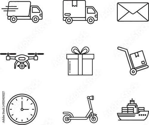 Logistics and delivery icons set in line art style