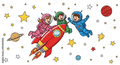 Children in spacesuits flying with rocket through cosmos illustration for kids