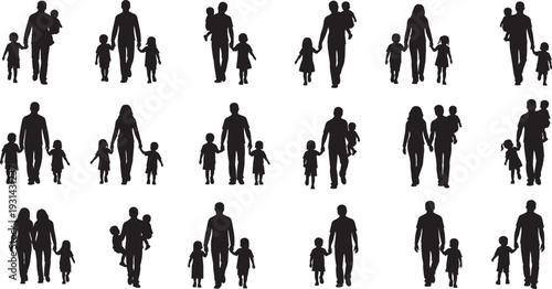 Silhouette collection of families with adults and children in diverse groupings, showcasing nurturing, care, unity, and togetherness for design, illustration, and educational art
