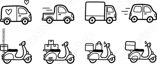 Logistics and delivery services with vans and scooters/motorcycles, some marked with hearts or speed lines. Delivery vehicle for food delivery, fast shipping, or logistics operations in apps and web.