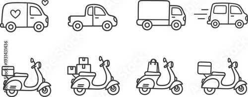 Logistics and delivery services with vans and scooters/motorcycles, some marked with hearts or speed lines. Delivery vehicle for food delivery, fast shipping, or logistics operations in apps and web.