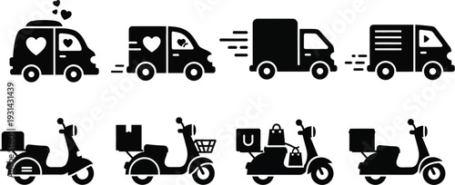 Logistics and delivery services with vans and scooters/motorcycles, some marked with hearts or speed lines. Delivery vehicle for food delivery, fast shipping, or logistics operations in apps and web.