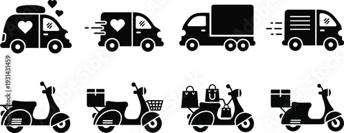 Logistics and delivery services with vans and scooters/motorcycles, some marked with hearts or speed lines. Delivery vehicle for food delivery, fast shipping, or logistics operations in apps and web.