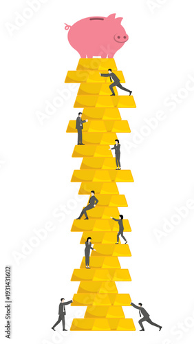 Business People Building Tall Gold Tower Reaching Savings Goal Representing Long Term Investment Compounding Wealth and Retirement Planning Concept