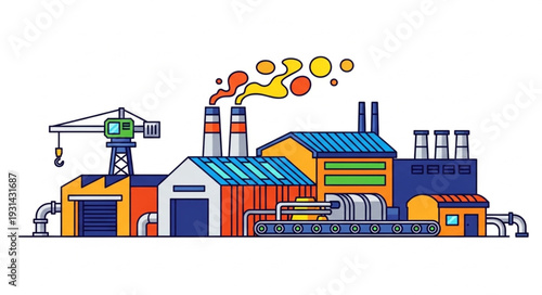 Illustration of a colorful industrial factory complex with smoking chimneys and a crane.