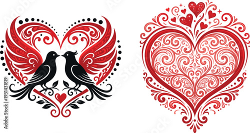 Two black birds kissing inside a red heart with intricate swirls and patterns