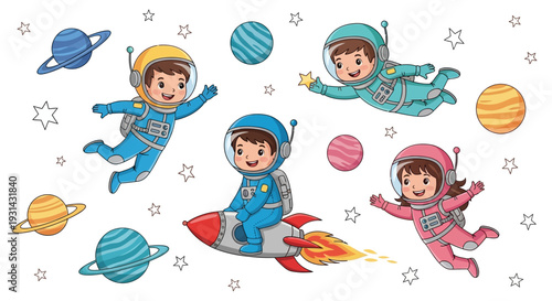 Children in space suits floating among planets and stars in an illustration