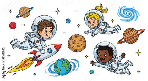Children in spacesuits floating among planets and stars in a vibrant cosmic scene illustration