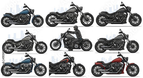 Collection of modern cruiser motorcycles with rider illustration.
