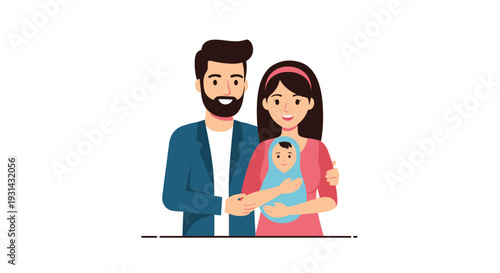 Happy family with baby standing together in a joyful illustration