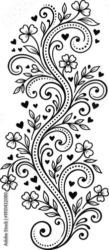 Black and white floral and heart decorative pattern with swirls and leaves