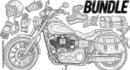 Detailed Motorcycle Illustration with Accessories Bundle.