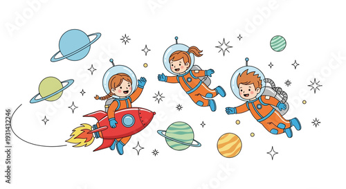 Three cartoon astronauts in orange suits floating in space surrounded by planets and stars