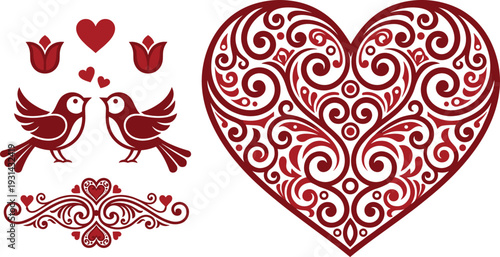 Red heart with swirls and two birds love