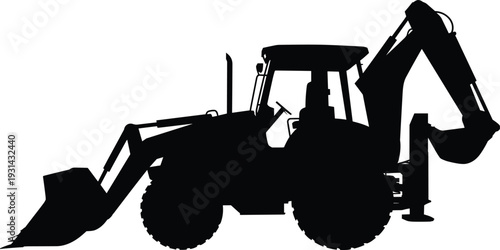 Backhoe loader silhouette, excavator with front bucket and rear arm, construction heavy machinery, tractor excavator icon, black vector illustration, building equipment