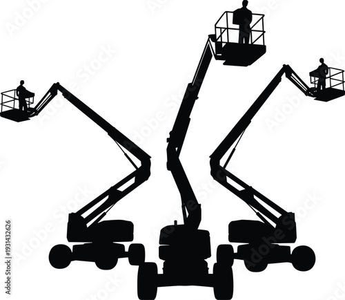 Boom lift silhouettes, articulating aerial work platforms, cherry picker trucks with workers in baskets, hydraulic boom elevated access equipment, construction vector set