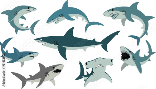 Various cartoon sharks in different poses and colors swimming