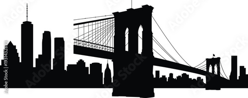 Brooklyn Bridge silhouette with New York City skyline, featuring urban skyscrapers, Manhattan bridge architecture, city landmark icons, and famous travel destination.