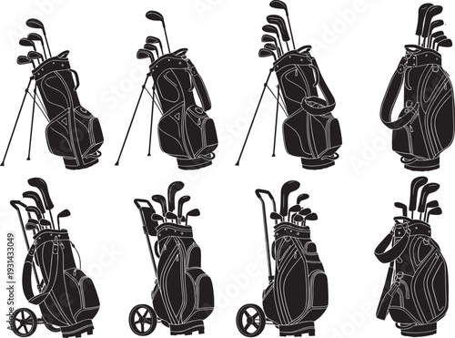 Silhouette collection of golf bags with clubs, featuring stand bags and wheeled cart bags, illustrating equipment styles, sports gear functionality, and golfing accessories diversity