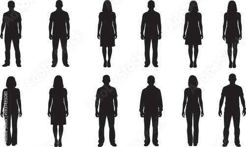 Silhouette collection of male and female figures in diverse clothing styles, representing gender balance, demographic diversity, social equality, and human posture for design references