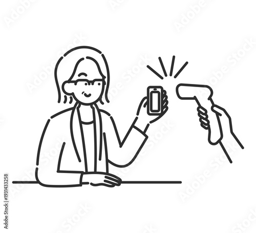 スマートフォンでキャッシュレス決済をする40代女性のイラスト　線画のみ