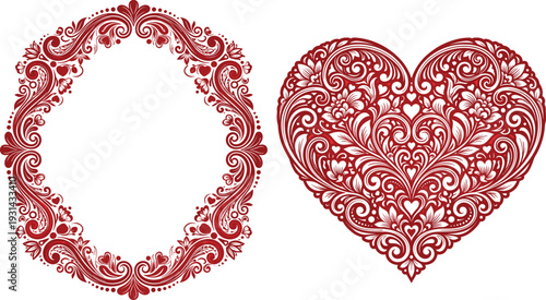 Red ornate circular and heart patterns with intricate swirls and floral