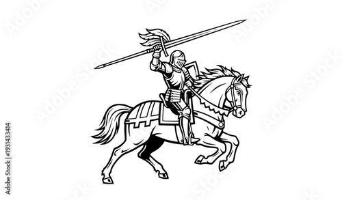 Vintage medieval knight with sword on galloping horse bold line art vector illustration isolated on white background