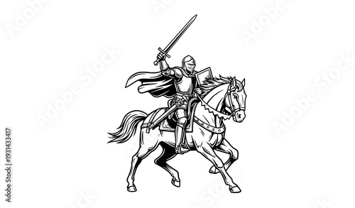 Medieval knight galloping on horse with raised sword vintage line art vector illustration isolated on white background
