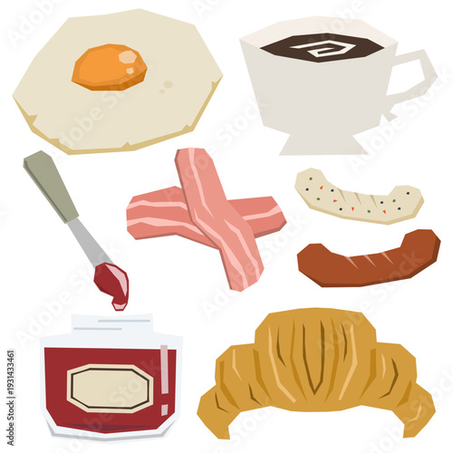 朝ごはんの挿絵などに使用できるベクターイラストセット 目玉焼き コーヒー ジャム ベーコン クロワッサン ウインナーソーセージ