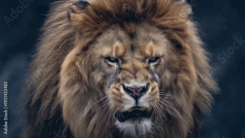 Fierce lion showing teeth in a close-up view in the wild during the day