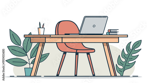 Remote worker's wooden desk setup with laptop chair plants and books in a minimalist home office environment