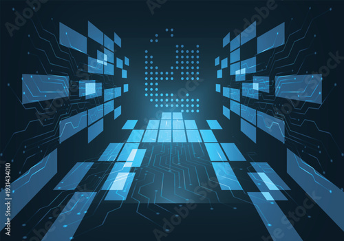 Abstract futuristic digital tunnel with glowing blue squares and data grid perspective. Modern technology background representing big data, artificial intelligence, network, and cyberspace innovation.