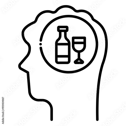 Alcohol Addiction Concept: Head with Bottle and Glass Icon