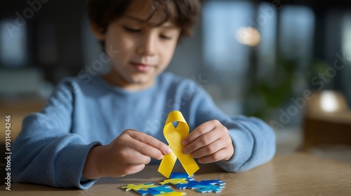Wallpaper Mural Autism Awareness Month beginning concept with colorful puzzle ribbon and autistic child engaging with sensory activity, perfect for March health awareness, autism support, neurodiversity inclusion, Torontodigital.ca