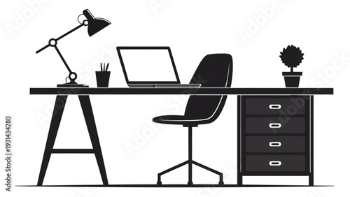 Minimal office workspace with laptop chair lamp plant on desk and filing cabinet simple black silhouette vector illustration