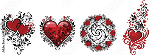 Four red heart with floral and swirl love