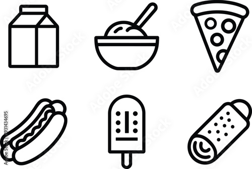 Collection of simple line art icons representing various popular fast food and breakfast items for easy recognition