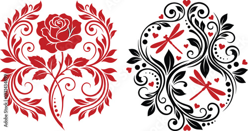 Red rose floral and black and red heart and dragonfly pattern