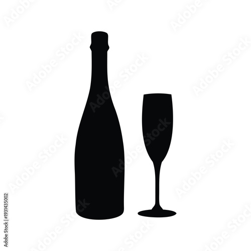 champagne bottle with glass flute silhouette vector illustration, Elegant black and white wine bottle and glass silhouette vector illustration