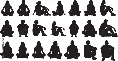Silhouette collection of seated human figures in diverse postures, illustrating ergonomic positions, body language, design references, animation studies, and creative artistic representation for 