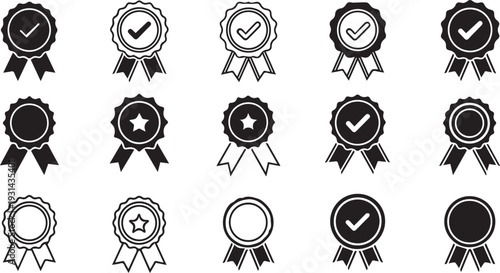 Approval and verification icon collection featuring check marks, certified badges, award medals and quality guarantee ribbon symbols. Professional vector set for validation concept eps