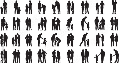 Silhouette collection of thirty‑five adults and children in diverse family poses, showcasing nurturing, playful interactions, relationships, and social dynamics for design and illustration artv